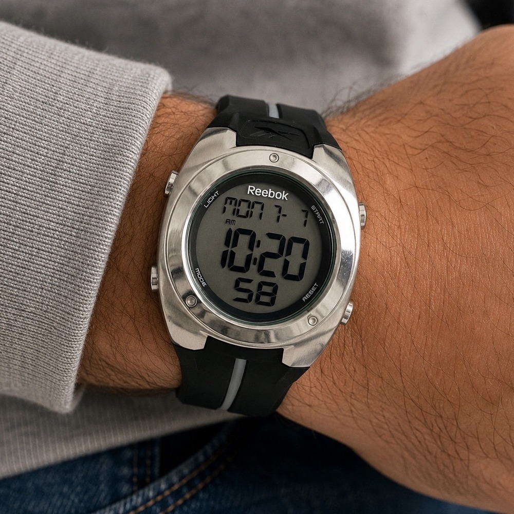 Vintage Reebok Digital Sport Watch Men's 41mm Black Gray 100M Chronograph Alarm